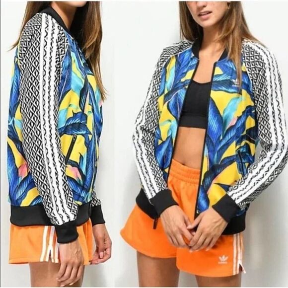 Adidas x Farm Rio Tropical Palm Leaf Full Zip Track Bomber Jacket size small - Picture 1 of 11